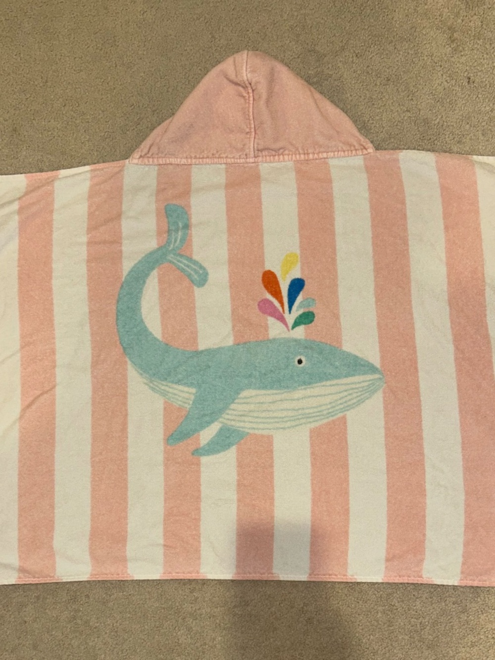 Pottery Barn Kids Baby Hooded Towel Pink Stripe Whale Bath Towel
